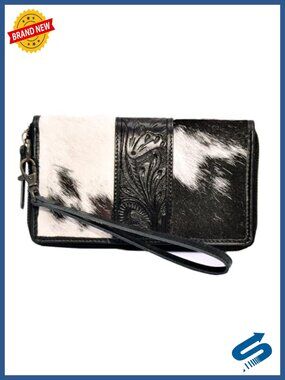 Real Cowhide Leather Clutch Wallet with Fur Trim- 8 Card Slots